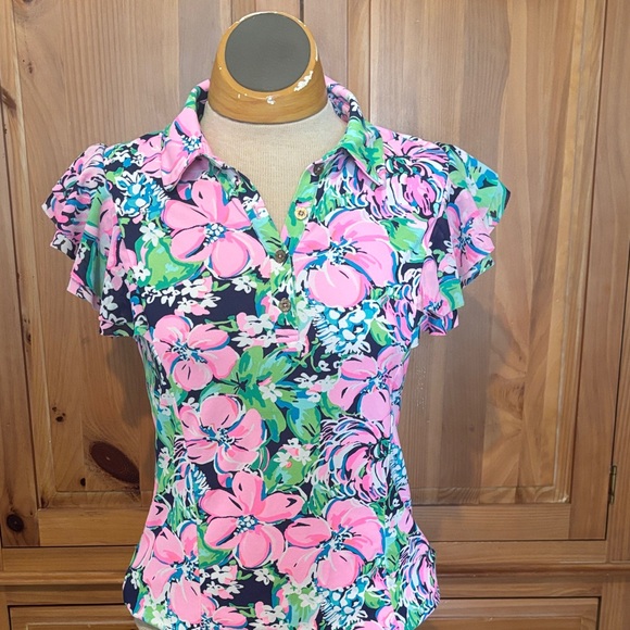 Lilly Pulitzer Tops - Lilly Pulitzer Pink and Green Floral polo Shirt size extra small